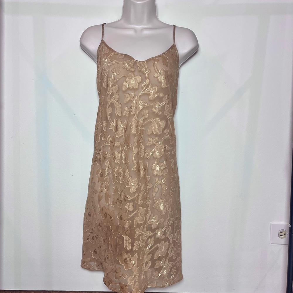 Women's Slip Nightgown Lace Dress XL Gold Boho Artsy Embroidered Intimate
